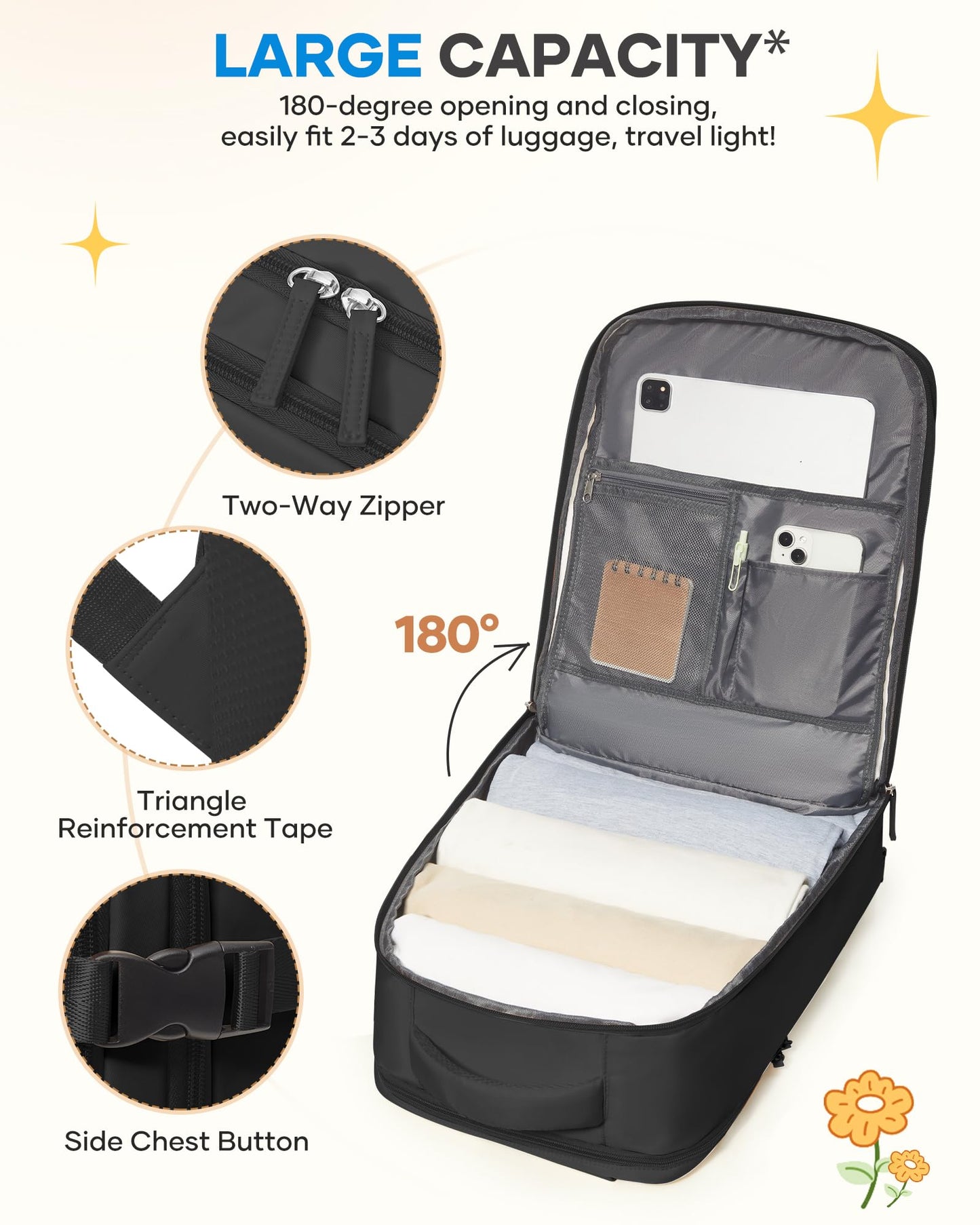 coofay Large Black Travel Backpack For Women Men Airline Approved Carry On Backpack Flight Approved Waterproof Sports Luggage Backpacks Casual Daypack Small Hiking Backpacks