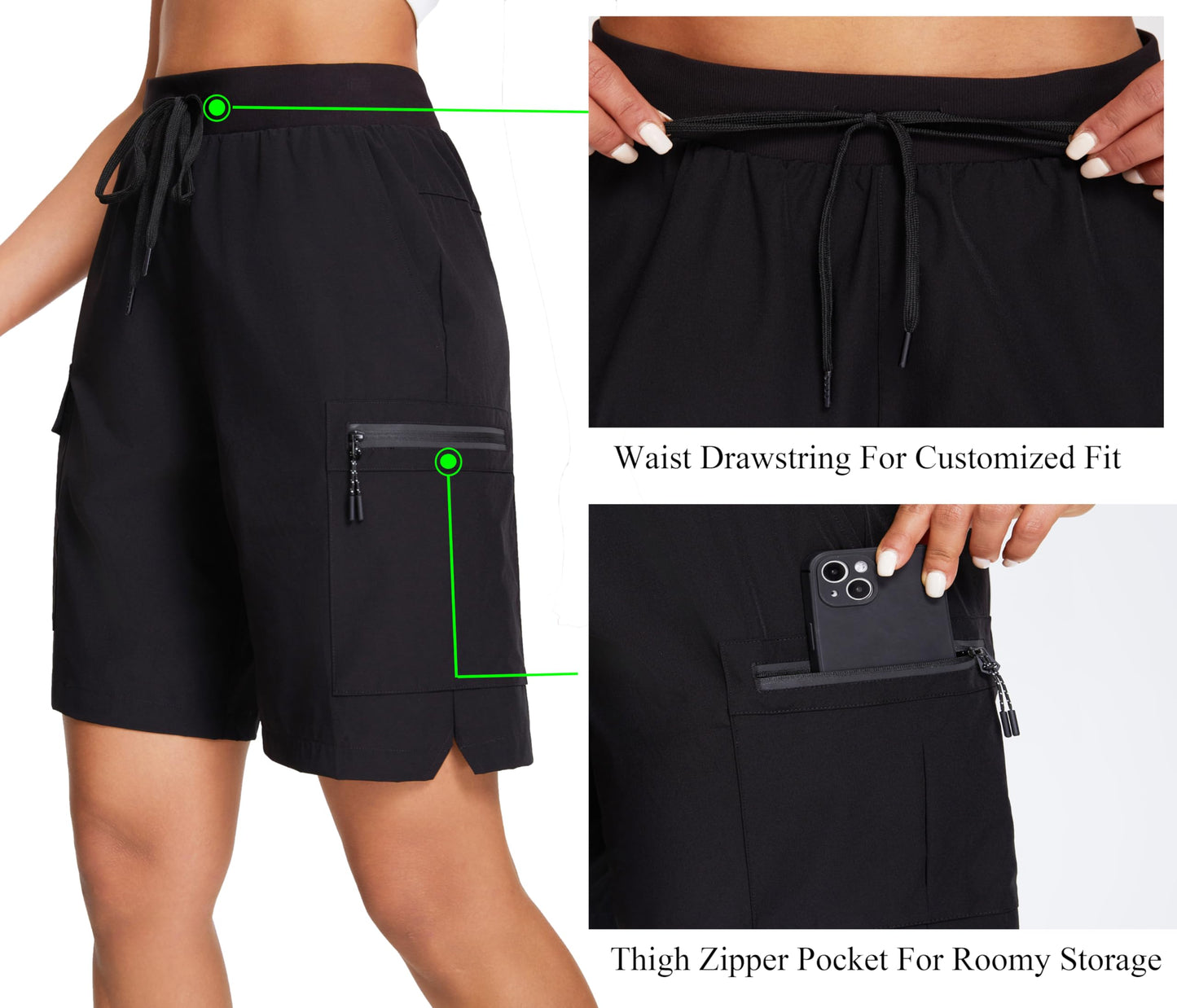 Oalka Women's Hiking Shorts Lightweight Zipper Pockets Cargo Quick Dry Summer Shorts Black L