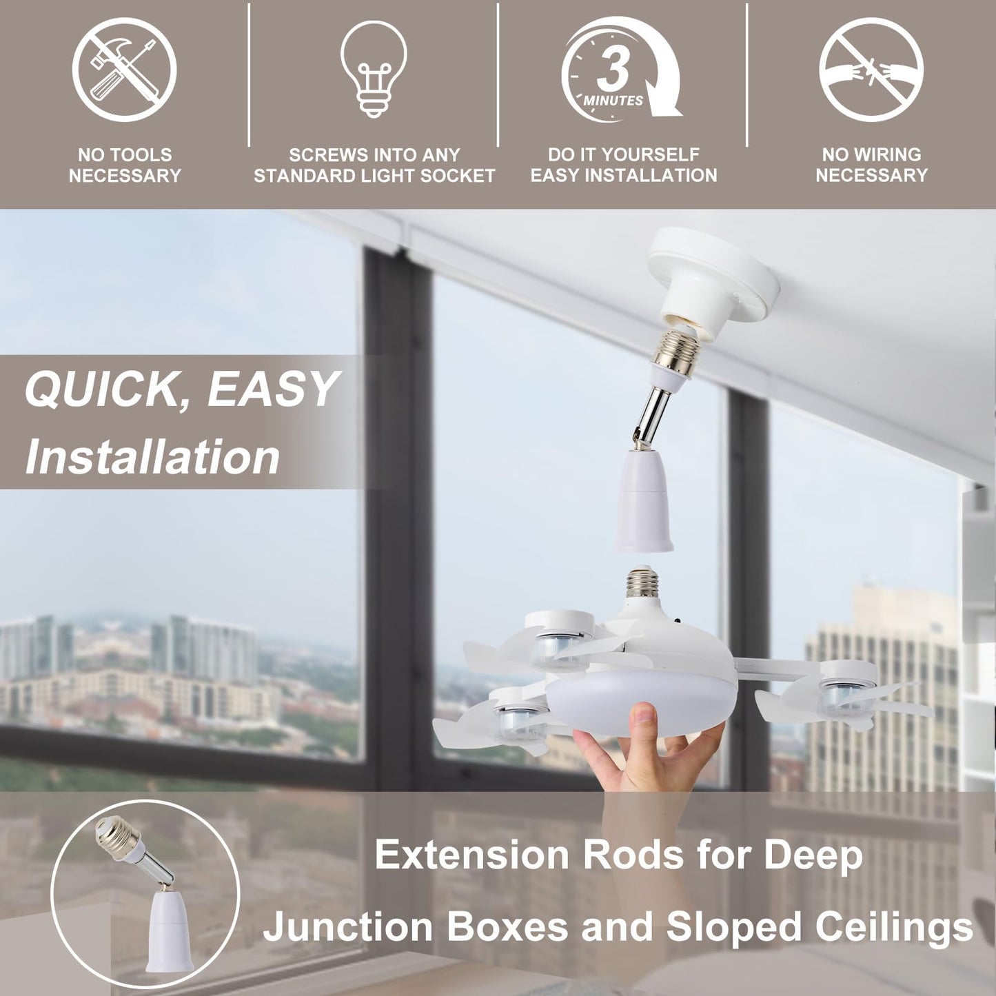OOPTREVOL Socket Ceiling Fans with Lights and Remote 17.72" Low Profile Ceiling Fan with Light 3-Blade ABS Ceiling Fan with Light 3-Color Dimmable LED Ultra-Quiet Waterproof with Foldable Adapter