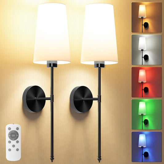 JOFIOS Battery Operated Wall Sconce Set of 2，Black Wireless Wall Sconce with 5200mAh Dimmable Detachable Bulbs and Remote, 10 Colors Rechargeable Sconces Decor for Bedroom Living Room Hallway