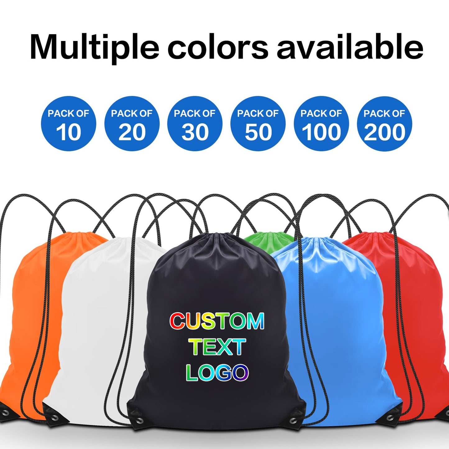 Scanect custom drawstring Backpacks bags 5/10/50/100 Pack, personalized Logo Text, bulk, Black