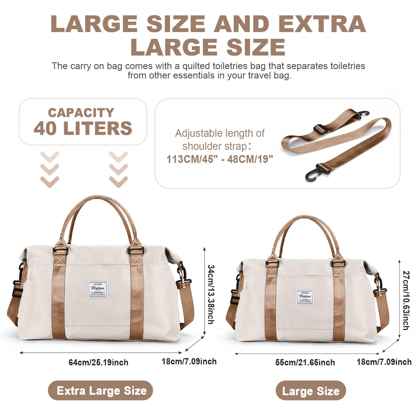 Travel Duffel Bag,Weekender Overnight Bag for Women,Carry-on with Wet Pocket,Extra Large,Beige & Brown