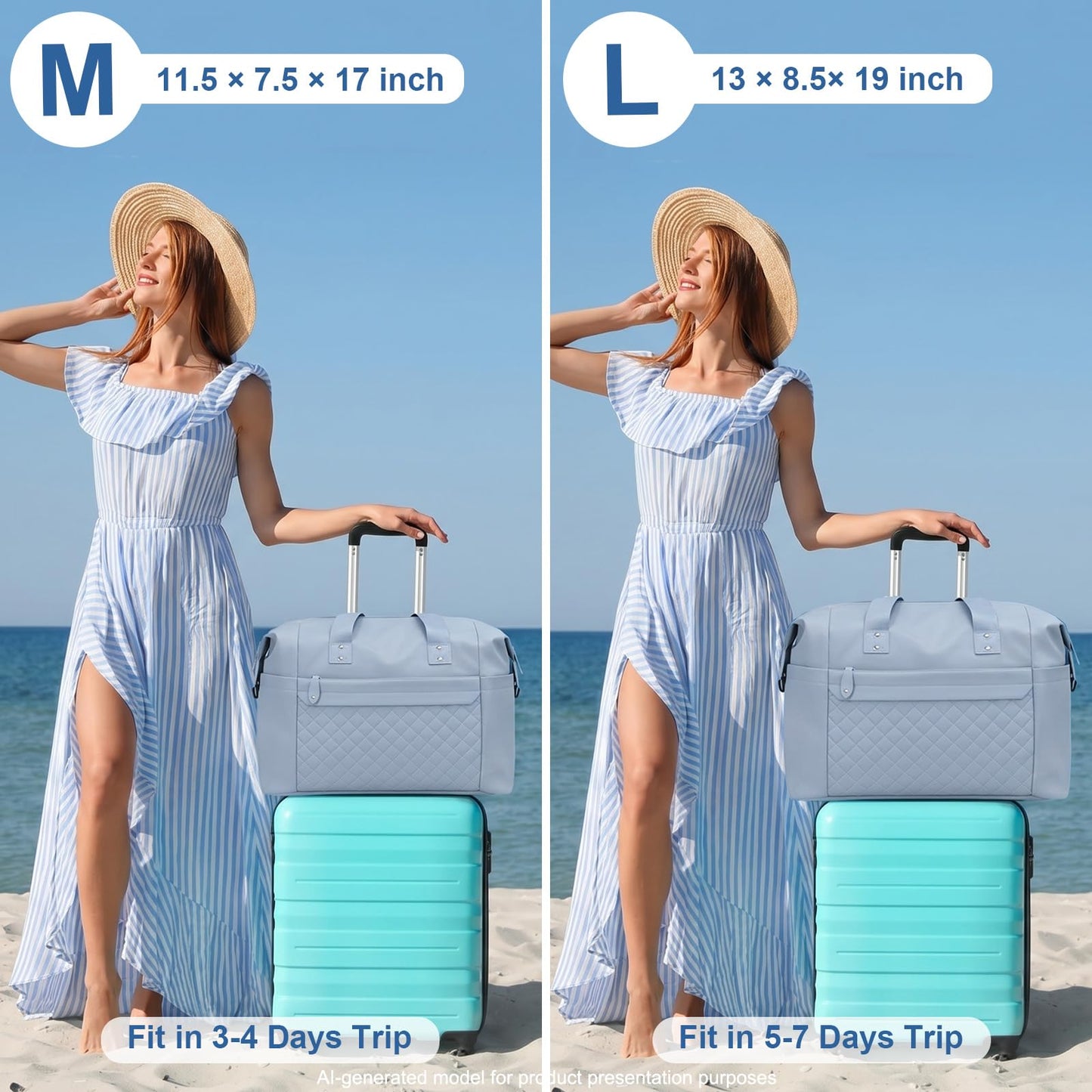 Pritent Travel Duffle Bag, Waterproof Weekender Overnight Hospital Bags for Women Men with Toiletry Bag Lightweight Personal Item Duffle Gym Bag for Travel, Airplanes, Sports(Blue, Medium)