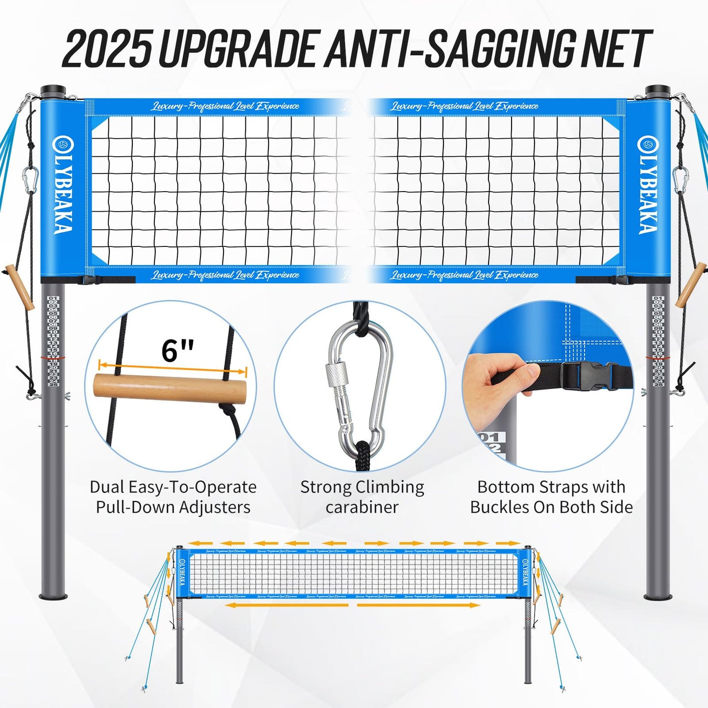 Heavy Duty Professional Volleyball Net Set for Outdoor Backyard Beach with Tetoron Net, 2" Adjustable Aluminum Poles, 2 Tension Adjusters, PU Volleyball and Pump, Carry Bag (Blue)