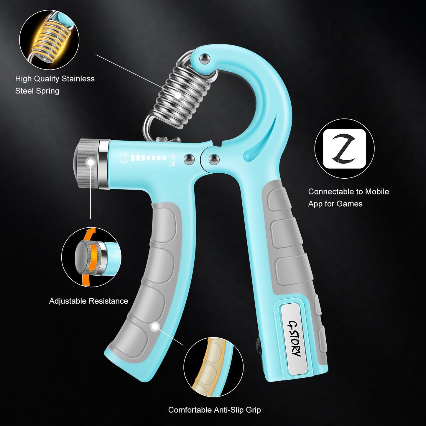 G-STORY Hand Grip Strengthener For game APP only for IOS 2 Pack Adjustable Resistance 10-130 lbs Forearm Exerciser，Grip Strength Trainer(1xBlue)