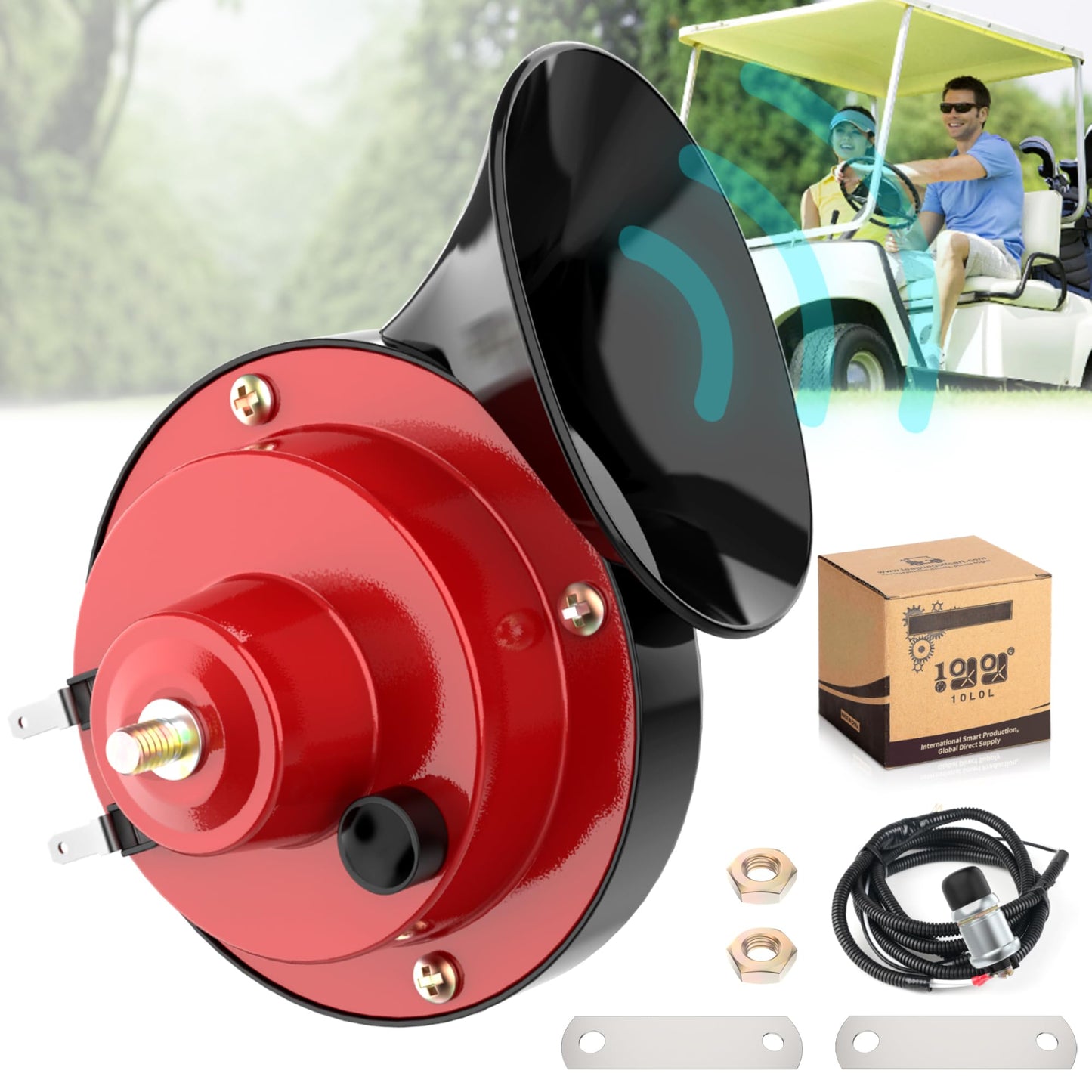 10L0L Golf Cart Horn Kit for EZGO Club Car Yamaha or UTV Universal Waterproof Electric Snail Horn 118DB Floor Mount Button Switch, Adjustable Loud (12 Volt Input)