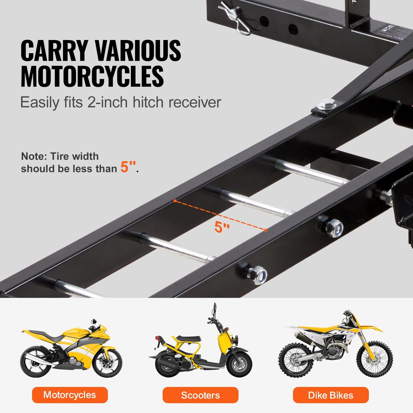 VEVOR Motorcycle Carrier, 600 LBS Steel Motorcycle Carrier Hitch Mount with 47" Longer Ramp, Scooter Dirt Bike Trailer Hauler with Ratchet Straps and Stabilizer, for Car, Truck with 2" Hitch Receiver