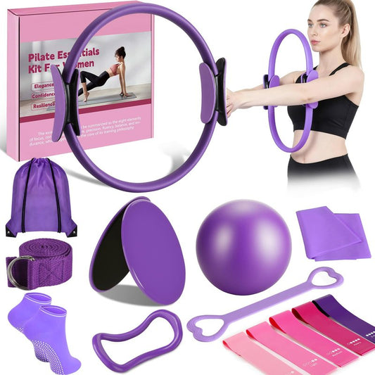 14 Pcs Pilates Kit Home Workout Kit for Women, Pilates Equipment with 14.9" Pilates Ring and Ball, Resistance Bands, Sliders & Grip Socks Starter Pilates Essentials Kit for Gym Studio Travel（Purple）