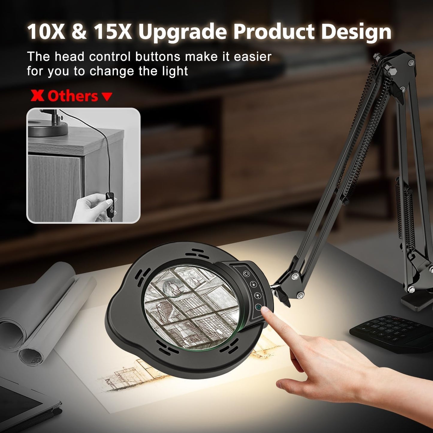 Magnifying Glass with Light and Clamp, 15X 10X Desk Magnifying Lamp, 84 LED Real Glass Lens Magnifier, 5 Color Modes Stepless Dimmable, Adjustable Hands Free Table Lamp for Repair Crafts Hobby Sewing