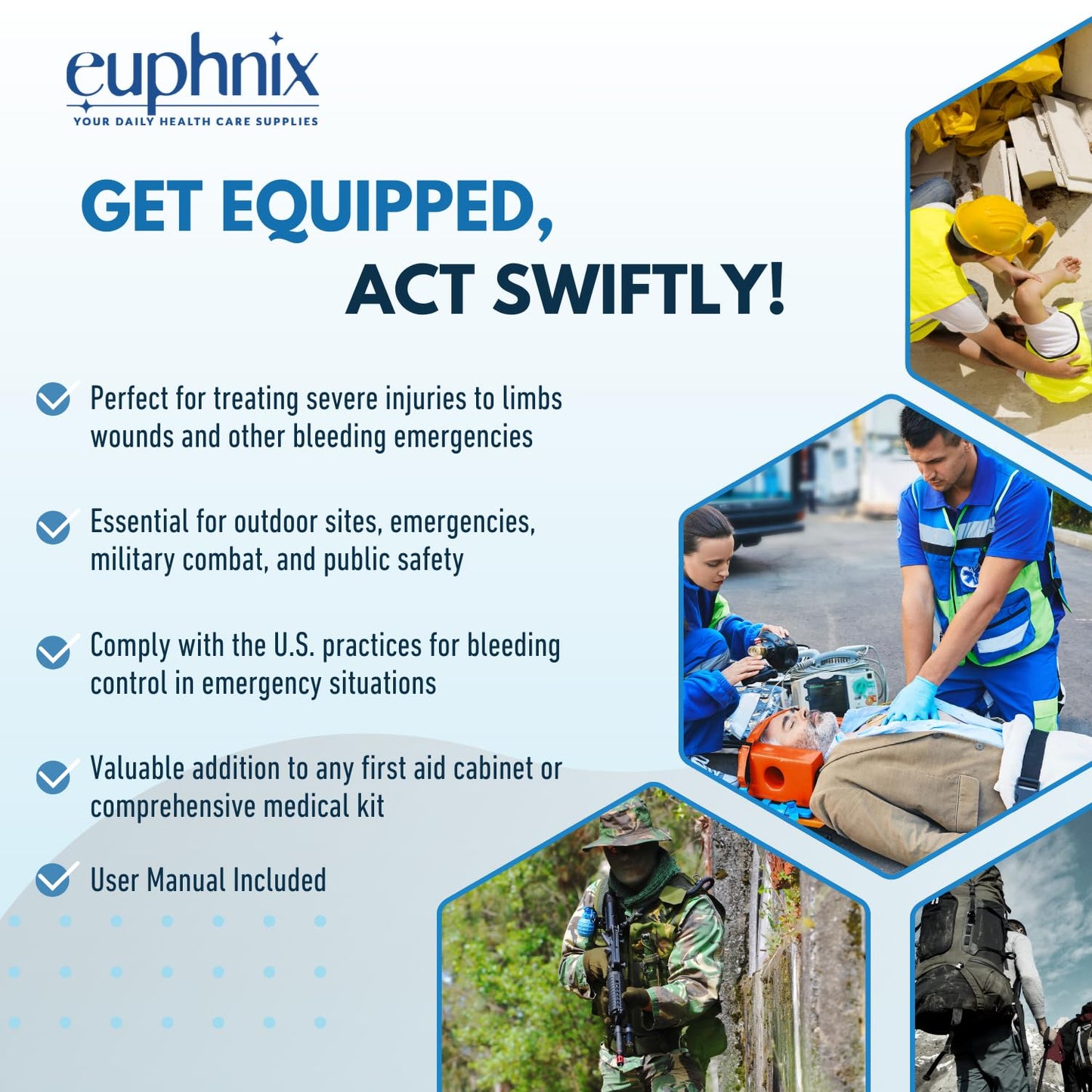 euphnix Bleeding Control Kit - Essential Supplies for Hemorrhage and Penetrating Emergencies | Quick Clot, Compact, Instant Access | Premium Pack 19 Pcs