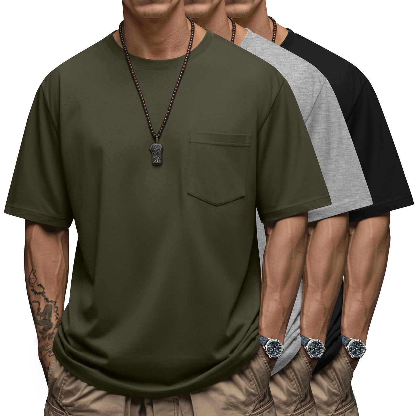 Ficerd 3 Pack Men's Big and Tall T-Shirt, Short Sleeve Pocket Basic Tee Crew Neck Lightweight Tops Solid Loose Fit Shirts(Black, Army Green, Light Mixed Gray,X-Large)