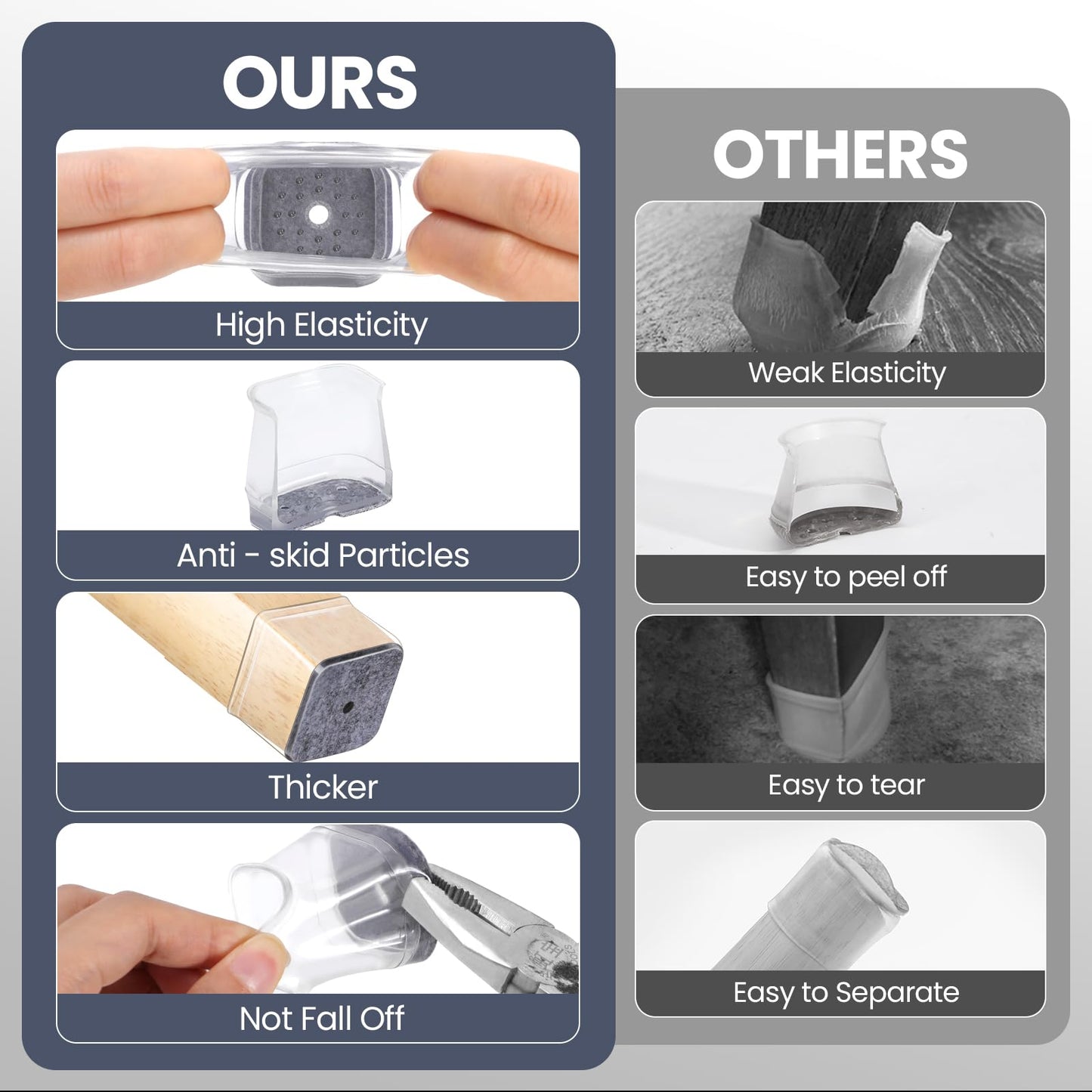 16 Pcs Chair Leg Floor Protectors Square for Hardwood Floors - Silicone Felt Furniture Pads - Chair Leg Caps - Clear Rubber Chair Sliders - L(Fit:1"-1.5")