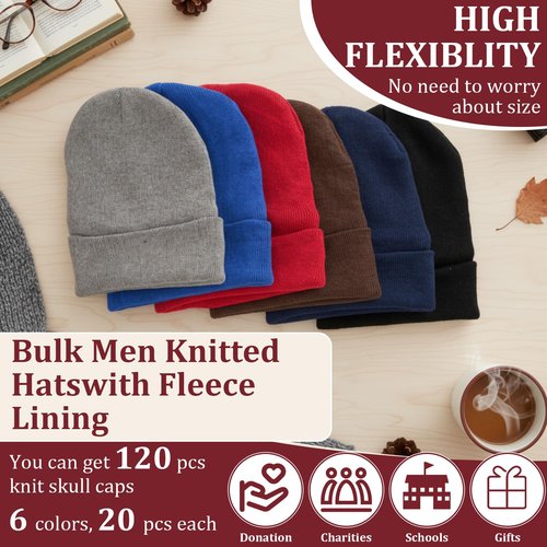 Chicingyou 120 Pcs Bulk Men Knitted Hats with Fleece Lining for Charity Homeless Donations, Unisex Beanies Winter Warm Hats(Classic)