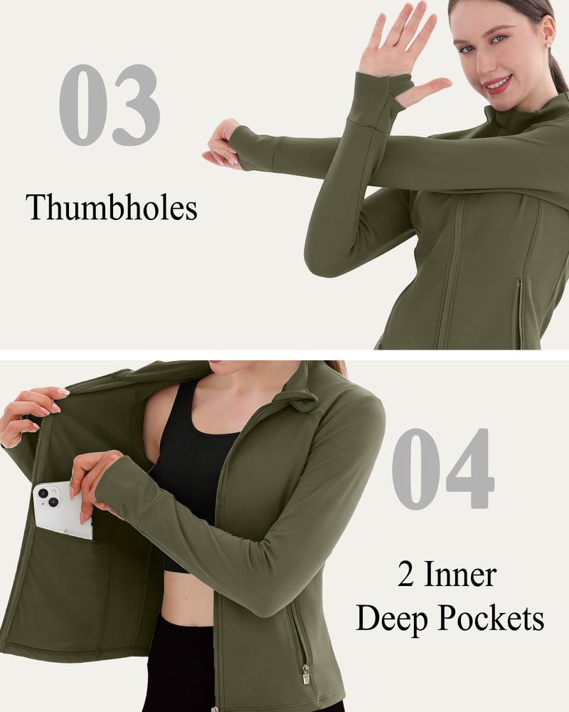 Pobodo, Women's, Thermal, Fleece Lined, Slim Fit, Winter Running, Warm Stand Collar, Yoga Track Top, 2-Way Zip, 4 Pockets
