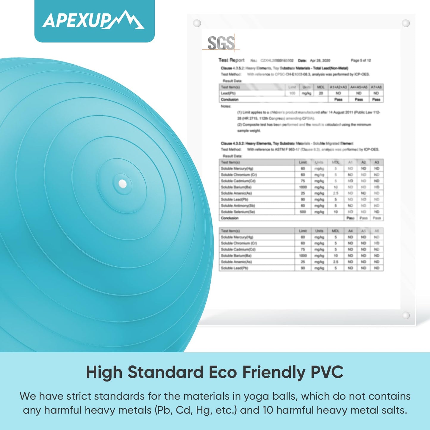 APEXUP Yoga Ball, 660 lbs Anti-Burst Exercise Ball with Pump, 5 Sizes (L (23"~26") 65cm, Light Blue)