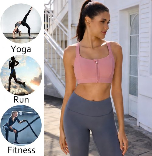 FLORATA Women's Sports Bra - Seamless Zip Front Design | Wire-Free & Padded Yoga Bra with Removable Cups