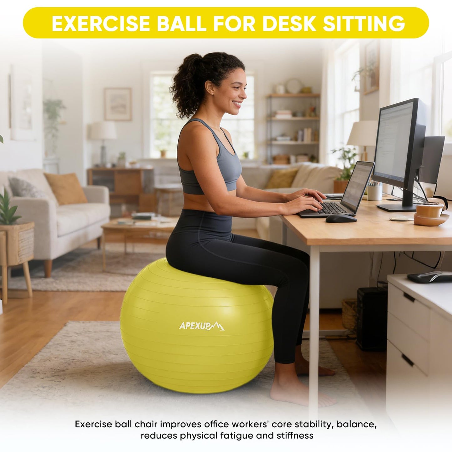 APEXUP Yoga Ball, 660 lbs Anti-Burst Exercise Ball with Pump, 5 Sizes (S (15"~18") 45cm, Yellow)