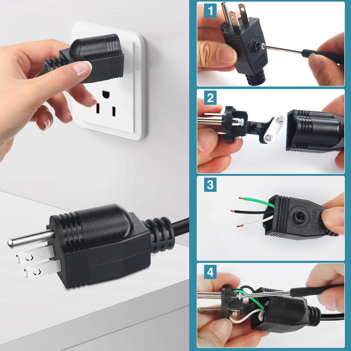 NEMA 5-15P Electrical Replacement Plugs，125V 15A 2-Pole 3-Wire Grounding Replacement for Extension Cord Ends，Male Straight Blade Plug 3-Pack