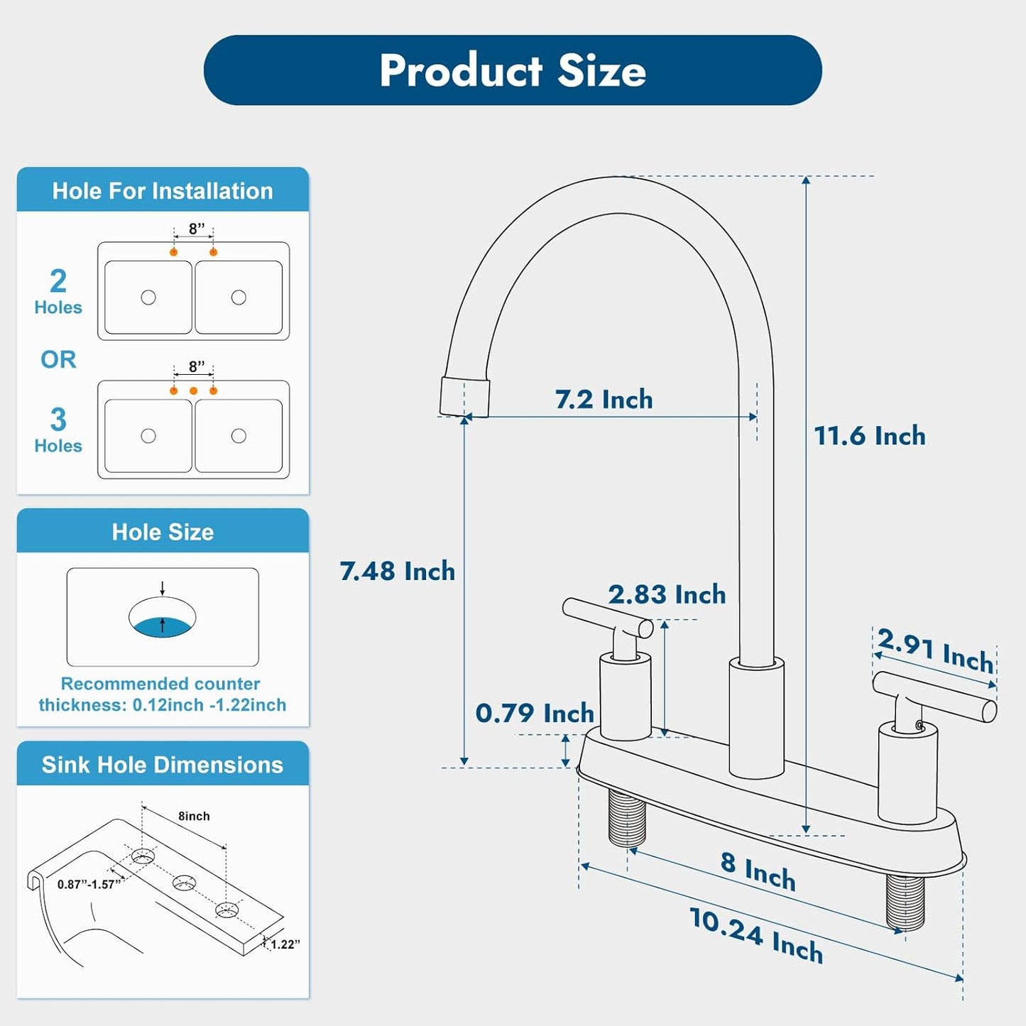 Brushed Nickel Kitchen Faucet with 360° Rotating Spout & Side Sprayer - 2 Handle, 8 Inch Centerset
