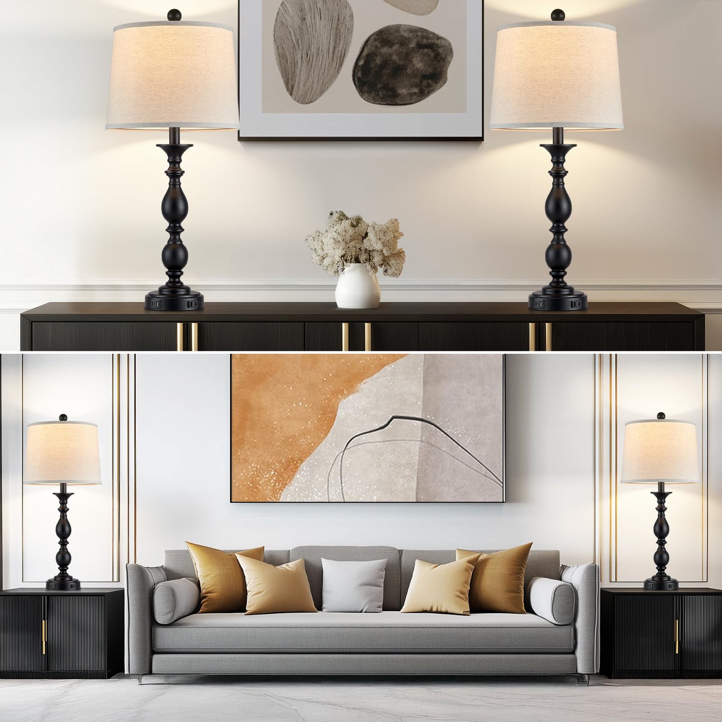 MOUVOVO 28" Tall Modern Table Lamps Set of 2 with USB C+A Ports and AC Outlet, 3 Way Touch Metal Bedside Lamps for Living Room, Black Farmhouse Nightstand Lamps for Bedroom