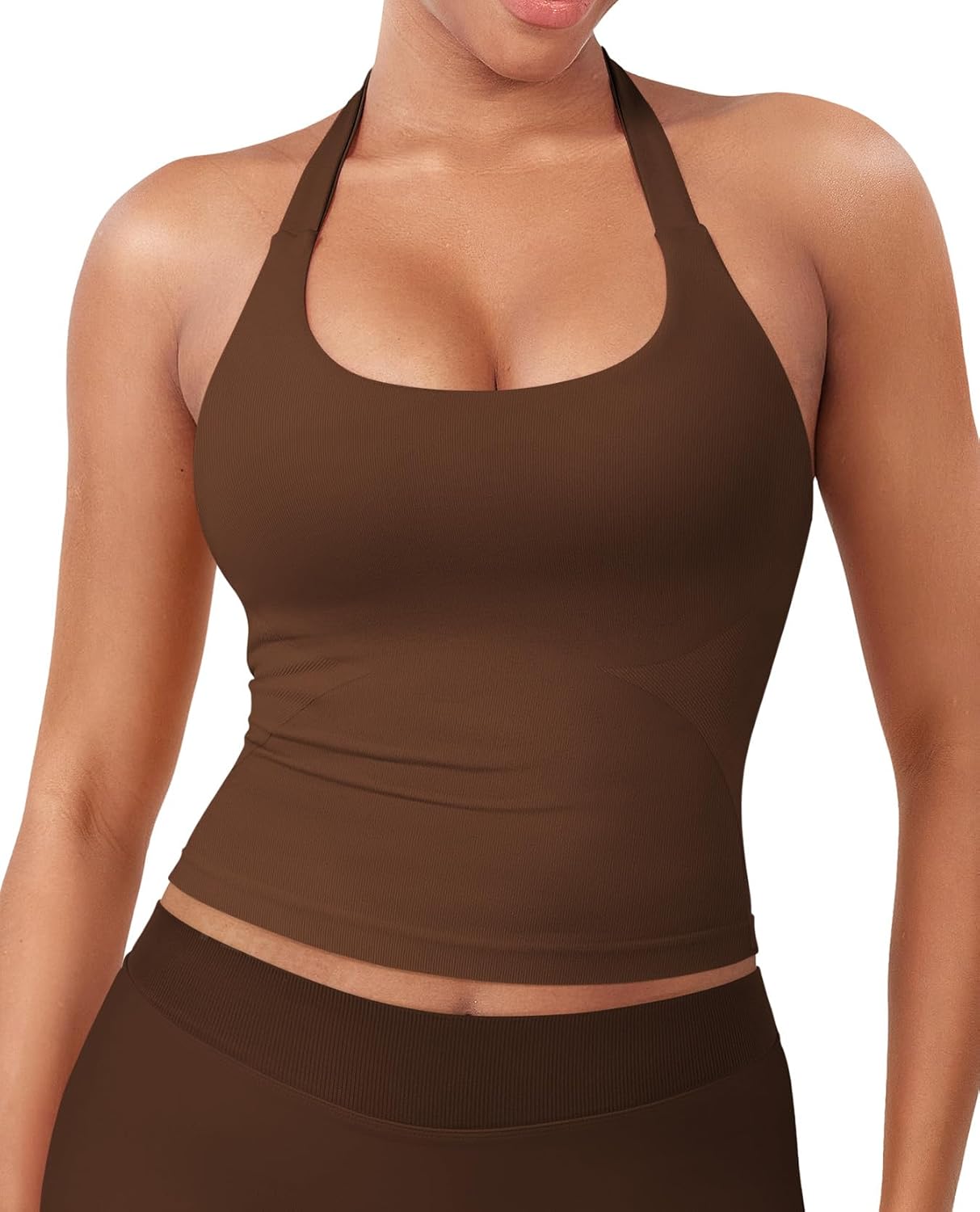 YEOREO SoftHue Women's Halter Tank Top - Backless Scoop Neck with Built-in Bra | Longline Crop for Gym Workouts
