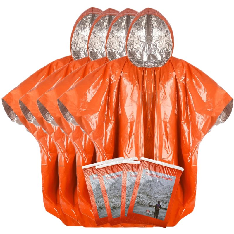 Vonctixe Thickened Emergency Rain Poncho, Thermal Poncho Survival Blankets Reusable Survival Ponchos for Camping, Hiking (4 Pack)