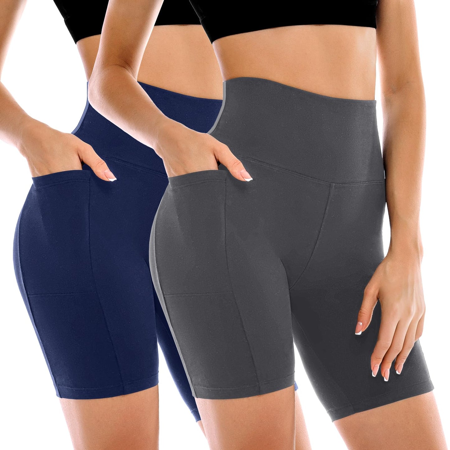 Leafigure 2 Pack Womens Biker Shorts with Pockets, High Waisted Tummy Control Yoga Shorts for Women Running Gym and Workout Grey/Navy S-M