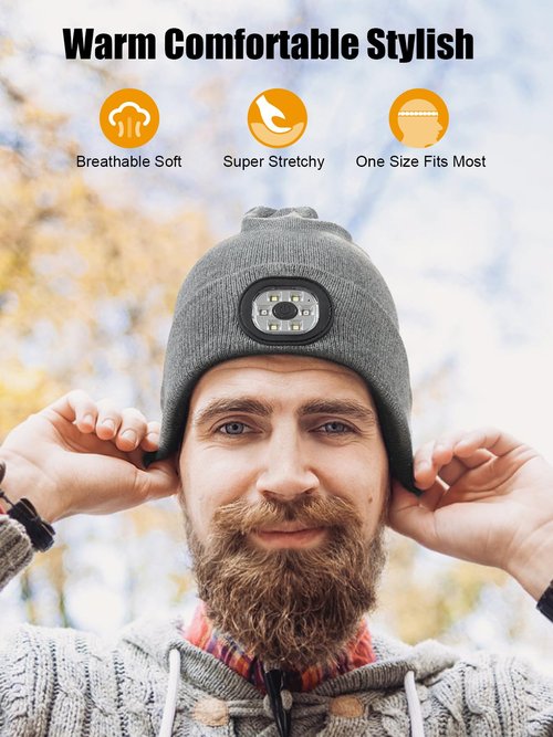 UNBON Valentines Day Gifts for Him, Valentine Gifts for Men, Mens Gift Cool Gadgets, LED Bluetooth Beanie with Light for Men Grey