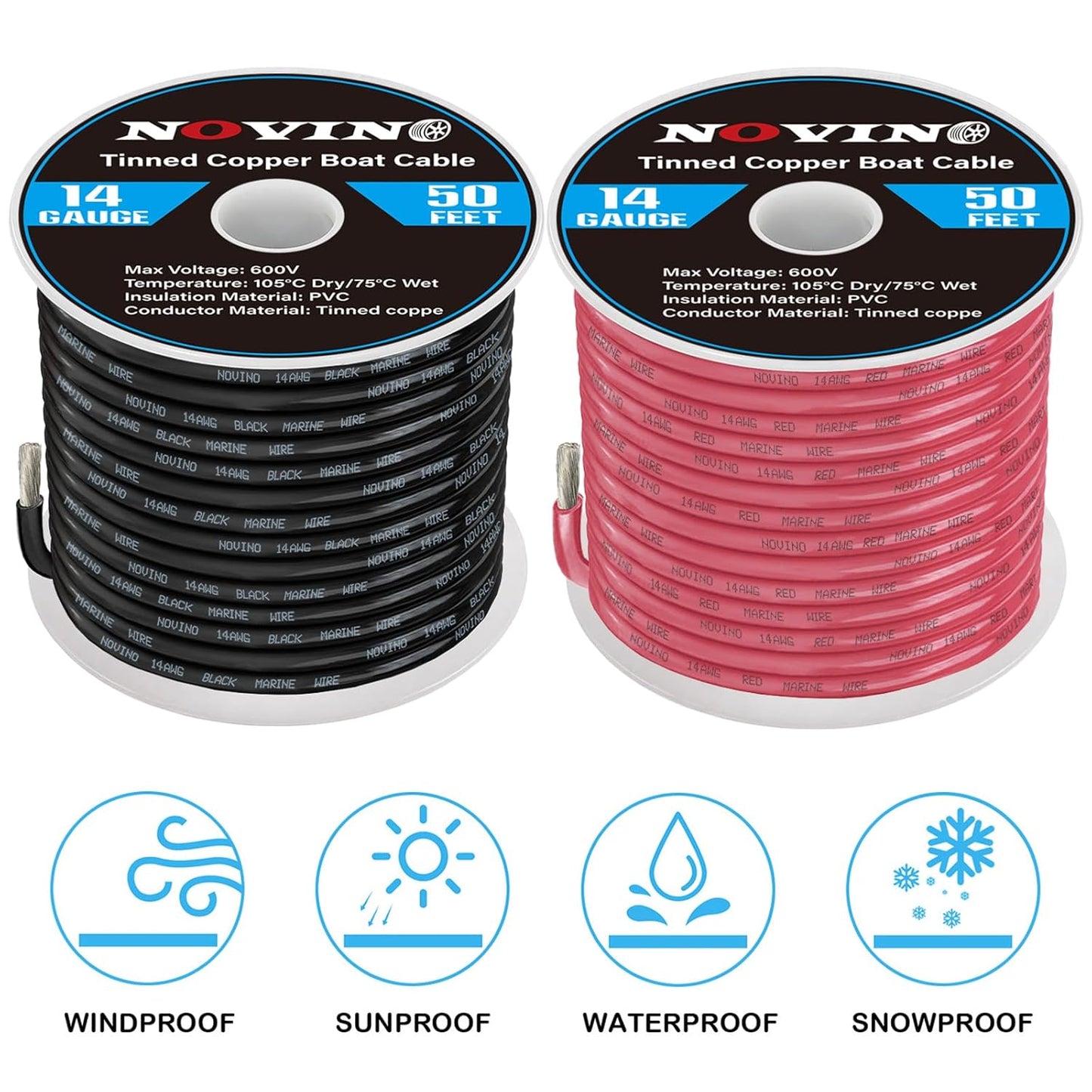 Skiennix 14 AWG Marine Grade Wire - 50FT Red & 50FT Black Tinned Copper Cable for Boats & RVs