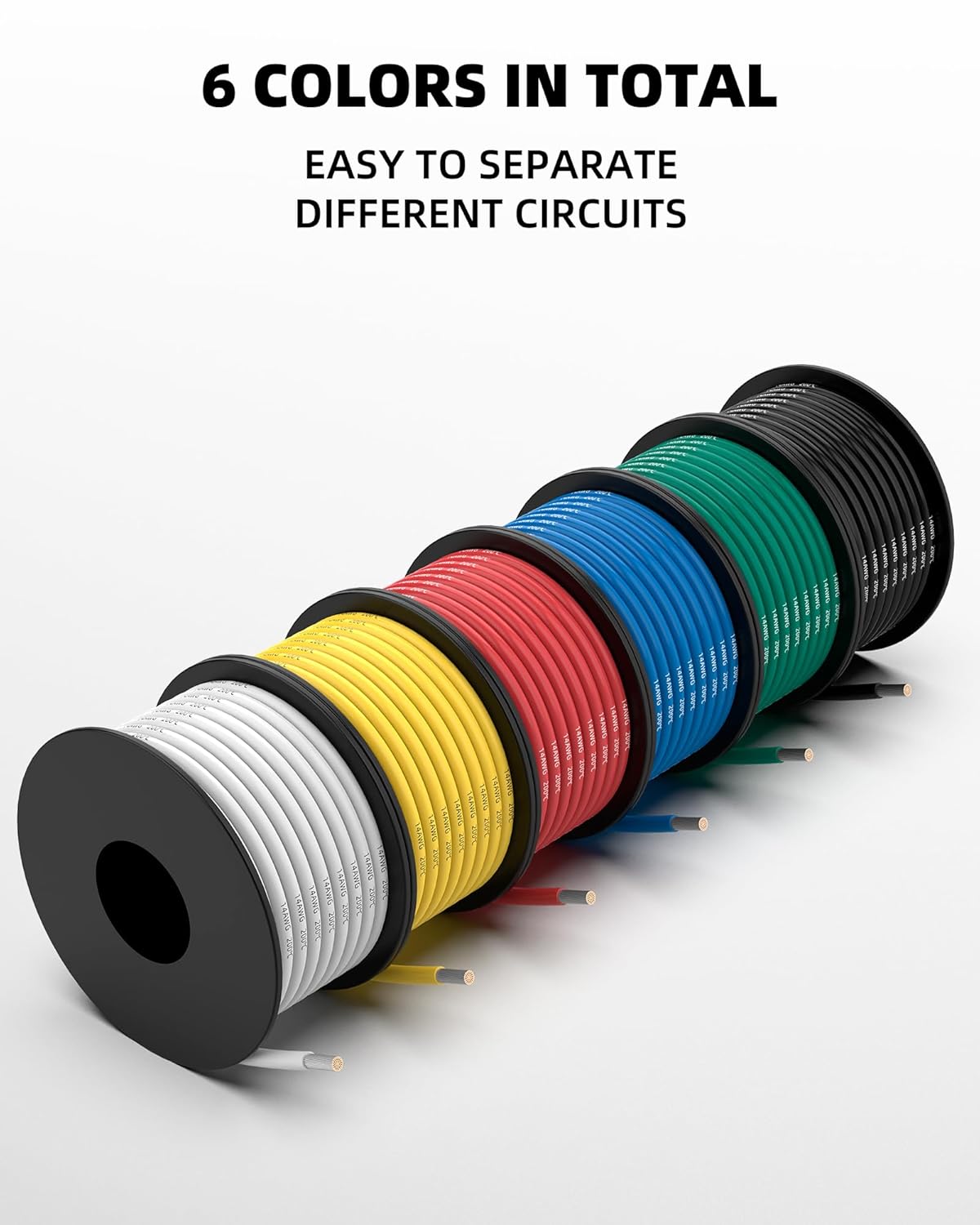 NAOEVO 14 AWG Silicone Tinned Copper Wire - 90ft Flexible Electrical Cable Kit | 6 Colors, 15ft Each