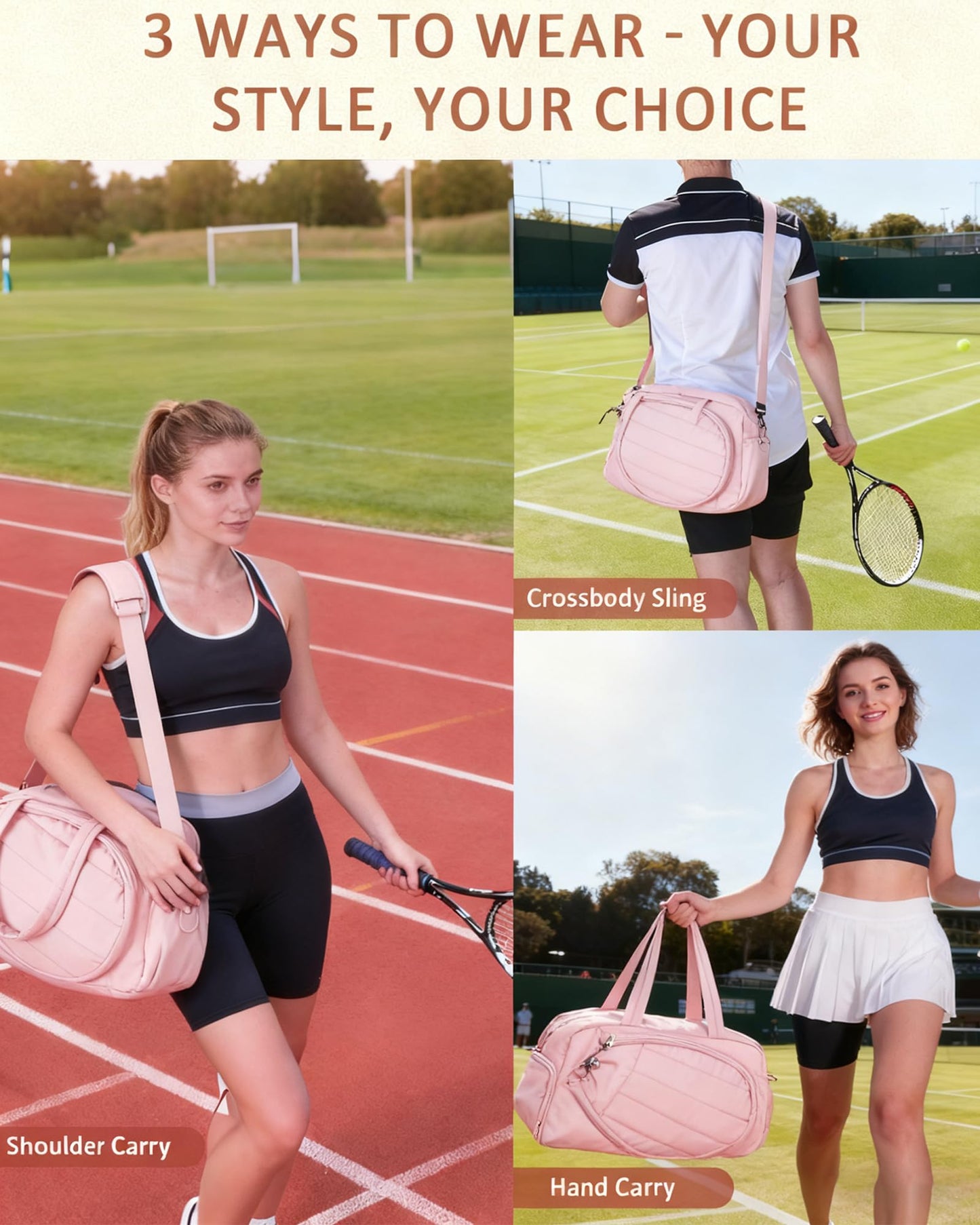Roomy Tennis Gym Bag for Women - Tennis Tote Holds 2 Rackets, Shoe Compartment & Wet Pocket, Lightweight Sports Duffle, Fits 15.6" Laptop, Overnight Weekend Bag with Shoulder & Hand Straps (Pink)