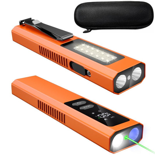 Acoszero EDC Flashlight 4 in 1 Pocket Magnetic Slim Flat Flashlight High Lumens Work Light with Green Beam & UV Light & Warning Light Combo EDC Rechargeable LT-010 (Orange Color)