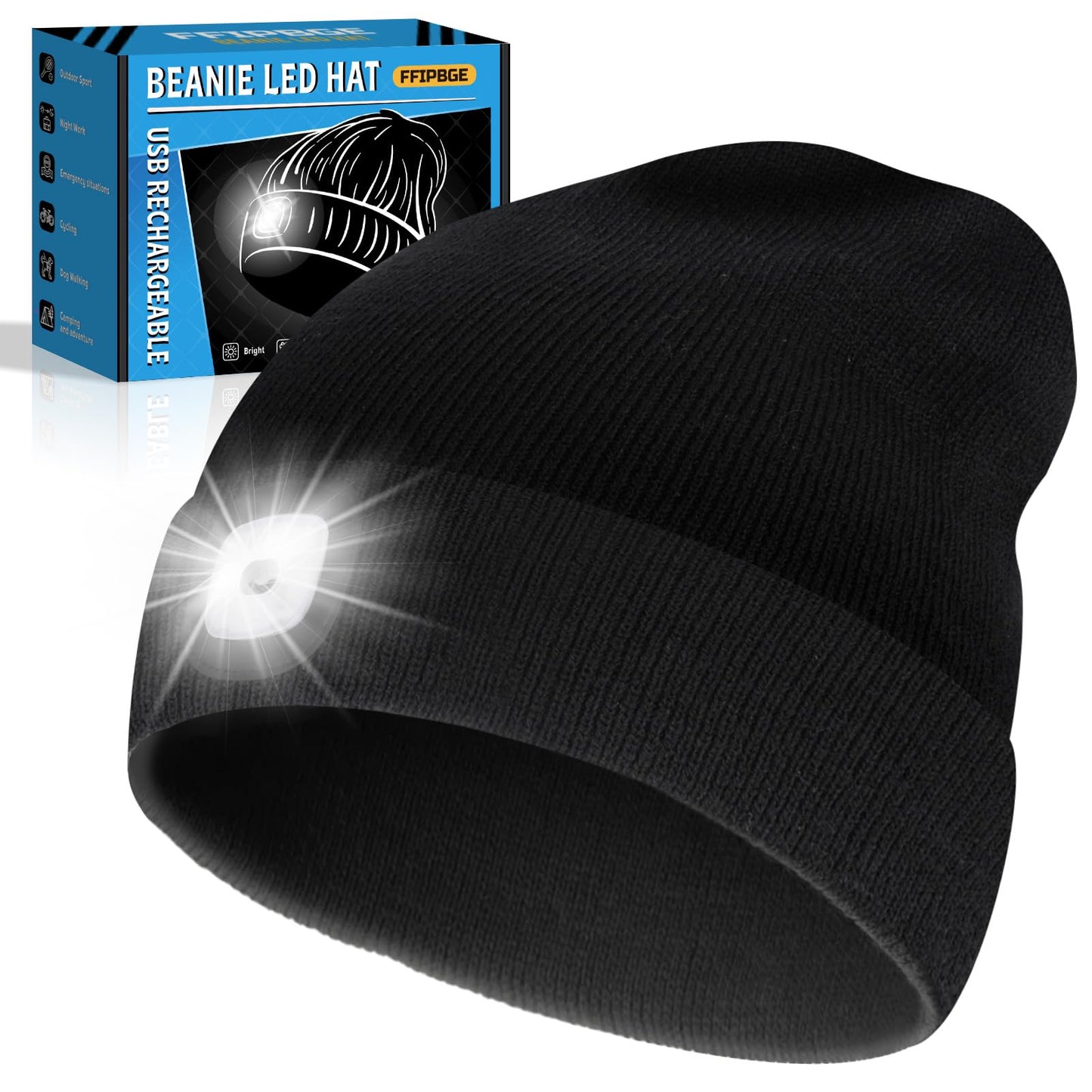 FFIPBGE Beanie Hats with Light, USB Rechargeable LED Hand Free Headlamp, Ideal for Camping, Hiking, Fathers Day Dad Gifts, Birthday Gifts for Husband, Dad, Men, 1 Pack, Black
