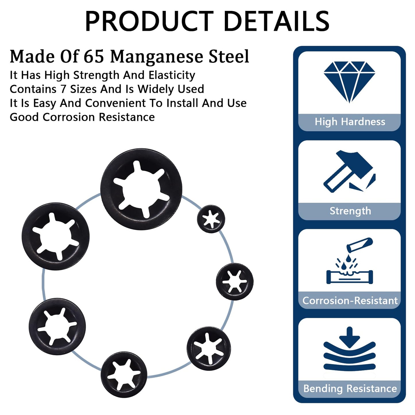 Renashed 340Pcs Internal Tooth Star Lock Washers, M3-M12 Quick Speed Locking Washers Assortment Kit 65Mn Steel Black Oxide Finish Push on Locking Washer, 7 Size