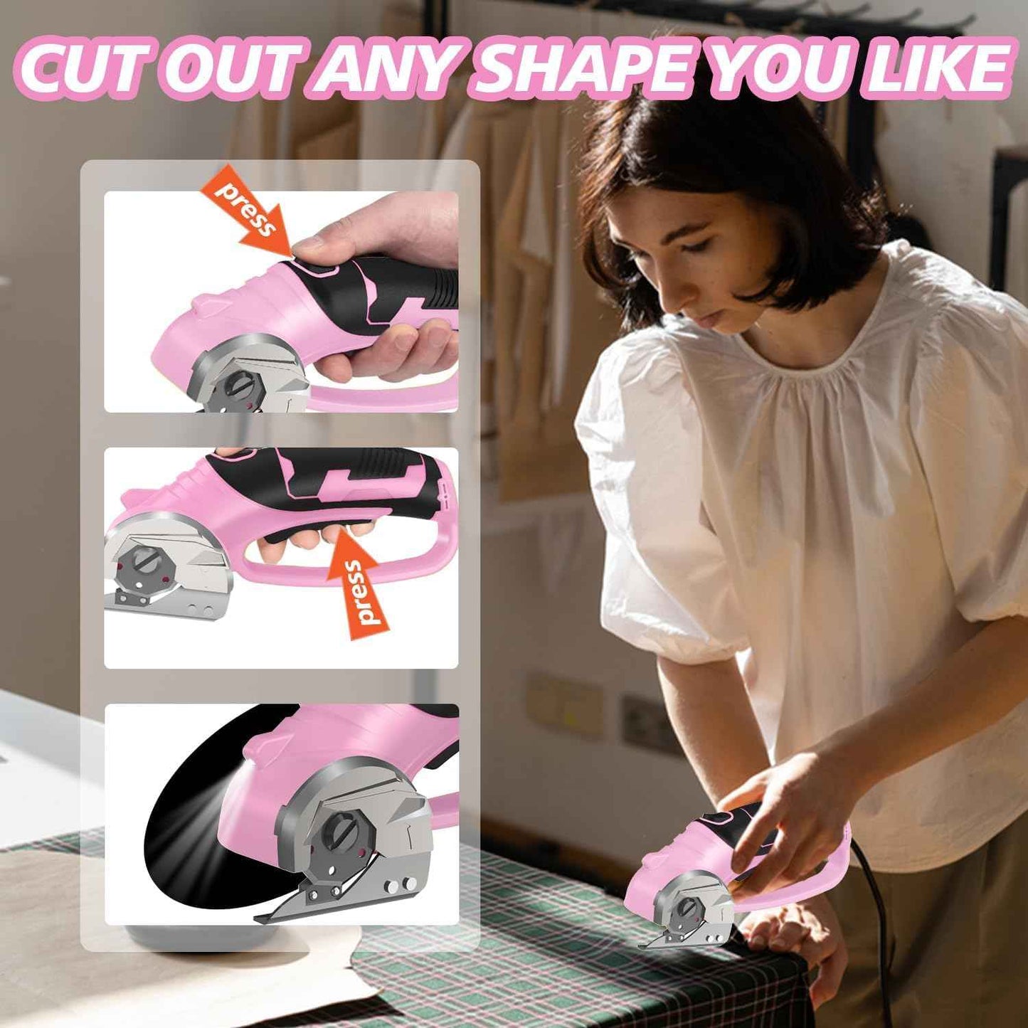Cordless Electric Scissors, 4V Rechargeable Box Cutter & Cardboard Cutter with Titanium Blade, LED Light, Safety Lock - Rotary Cutter for Fabric, Leather, Carpet, Plastic, Crafting, Sewing (Pink)