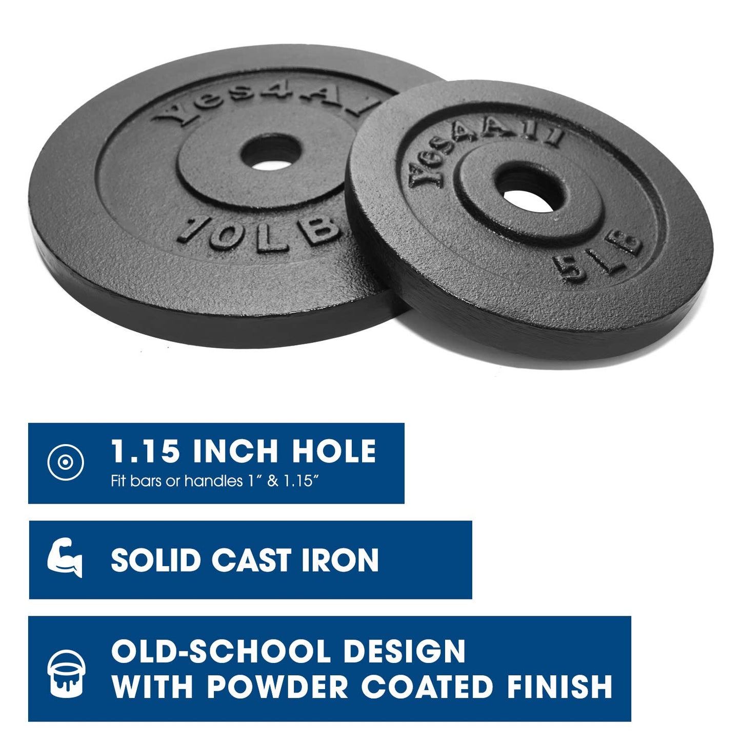 Yes4All Cast Iron Weight Plates, 1.15 Inch Standard Weight Plate Set of 4 & 8, Fits Dumbbell Handles for Strength Training, Weightlifting & Home Gym Workout - 2x5 + 2x10lb (Set of 4)