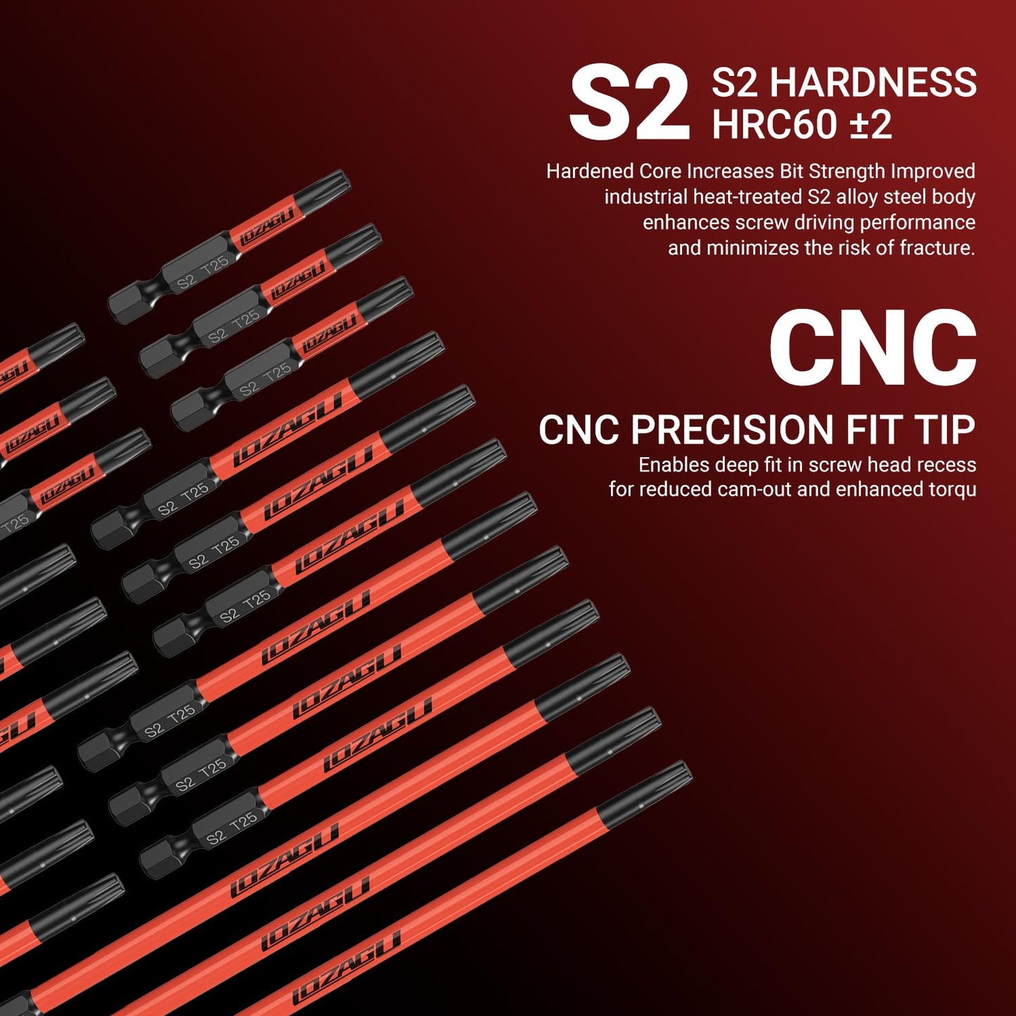 LOZAGU 10-Piece T25 Torx Bits, 2'' to 6'' (50-152mm), Magnetic T25 Torx Bits for Impact Driver, 1/4 Inch Hex Shank | S2 Steel