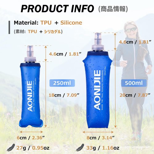 Azarxis Soft Flask Collapsible TPU Running Water Bottles Handheld BPA-Free 250ml 350ml 500ml 600ml for Hydration Vest Pack Trail Hiking Cycling Climbing (250ml / 8.45oz - 2 Pack)