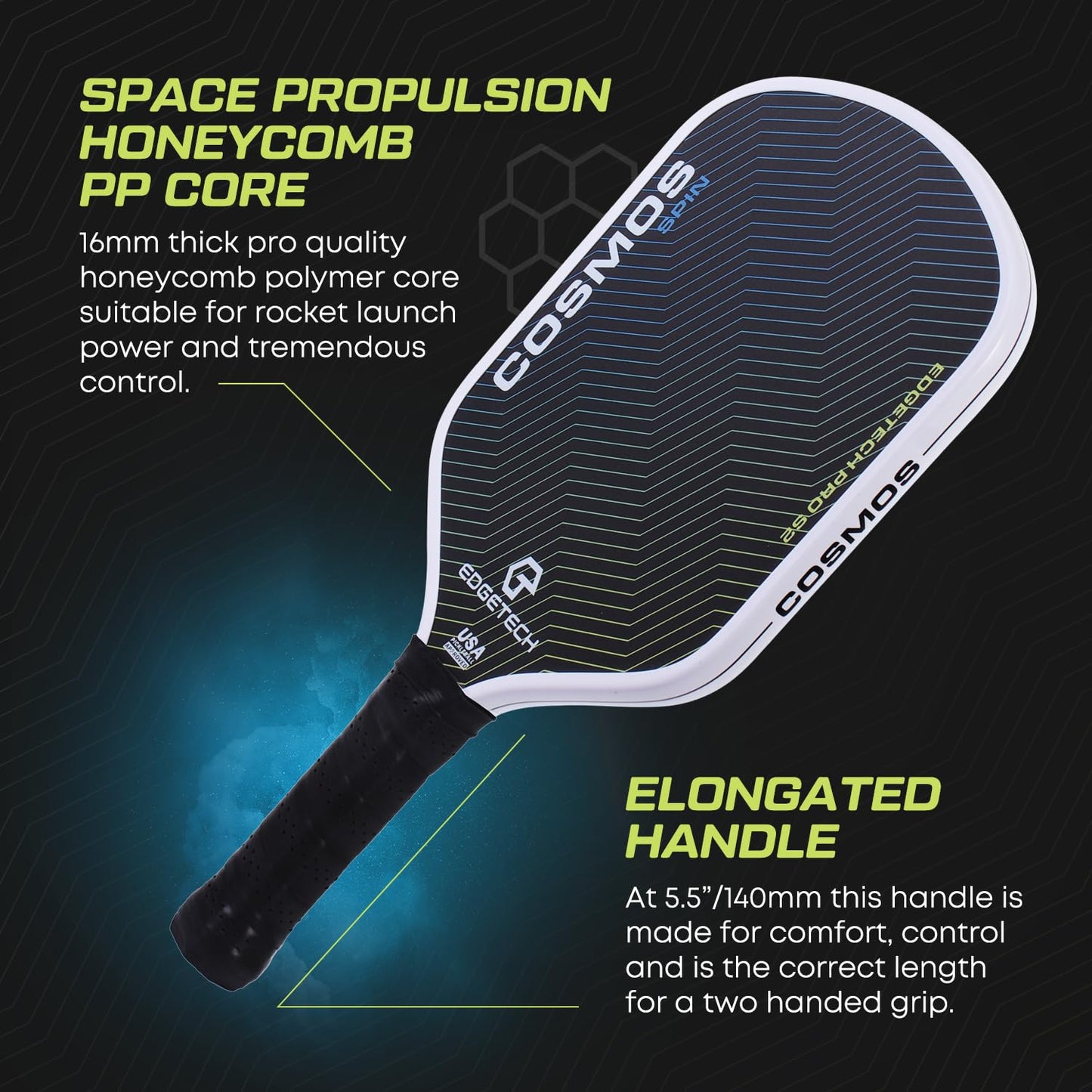 Cosmos Spin | Edgetech Pickleball 16mm Paddle + Cover | Dual Layer Surface - Titanium Weave Base - T700 Raw Carbon Fiber Surface | Orbit Grooves for Spin | Space Propulsion Honeycomb PP Core