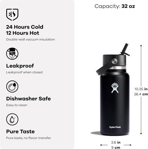Hydro Flask Water Bottle - Insulated Stainless Steel with Wide Mouth Flex Straw Lid - 32 Oz Vapor Rose Gold