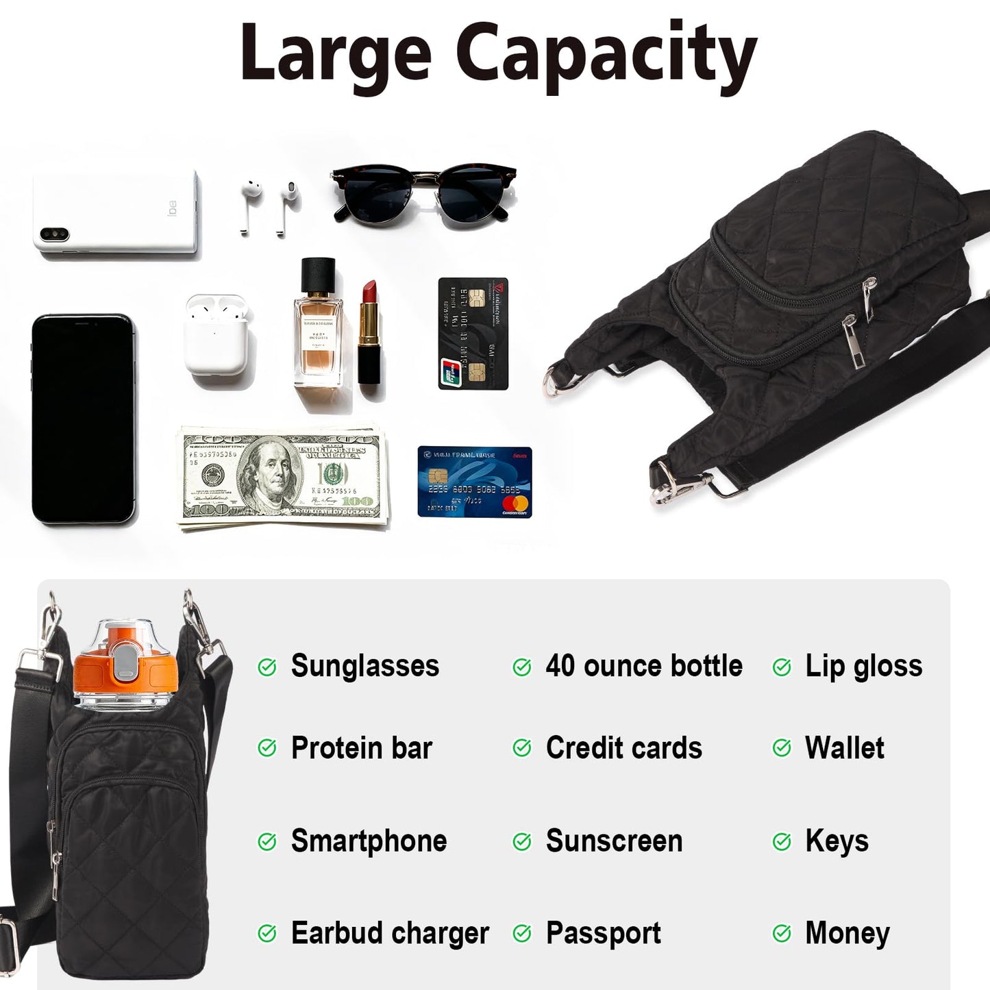 Ahdoma Water Bottle Holder with Strap Water Bottle Carrier Quilted Puffer Crossbody Sling Purse Hydro Bag for Women Walking Hiking