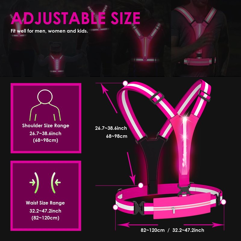 HEHEBON Reflective Vest Running Gear,High Visibility Reflective Gear with Light Rechargeable Light Up Running Safety Vest for Walking,Running,Cycling Adjustable for Men Women & Kids(HotPink)