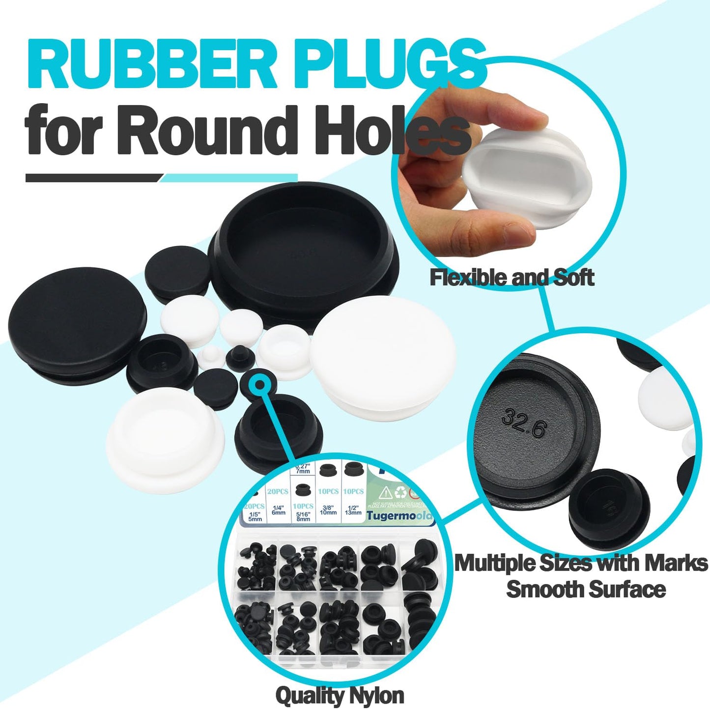 Tugermoola 100PCS 7 Sizes Rubber Hole Plugs Assorted for Round Holes 1/5" 1/4" 5/16" 3/8" 1/2" Silicone Plug Black