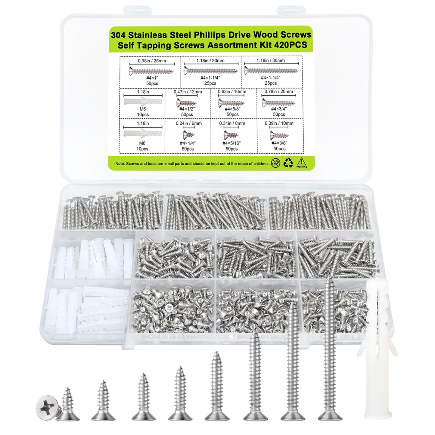 #4 Flat Head Small Wood Screws Assortment kit, 420Pcs, Phillips Short Screw, 304 Stainless Steel, Cabinet Hinge Mounting, Electronics DIY Micro Screws Fasteners Set, Contains 20pcs M6 Screw Anchors
