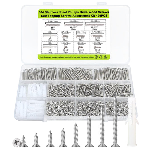 #4 Flat Head Small Wood Screws Assortment kit, 420Pcs, Phillips Short Screw, 304 Stainless Steel, Cabinet Hinge Mounting, Electronics DIY Micro Screws Fasteners Set, Contains 20pcs M6 Screw Anchors