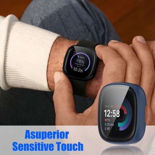 Kimiyaki 6 Pack for Fitbit Sense 2 / Versa 4 Screen Protector Case [Full Coverage], Hard PC Bumper All-Around Protective Accessories for Fitbit Sense 2 / Versa 4 Built-in Tempered Glass Film