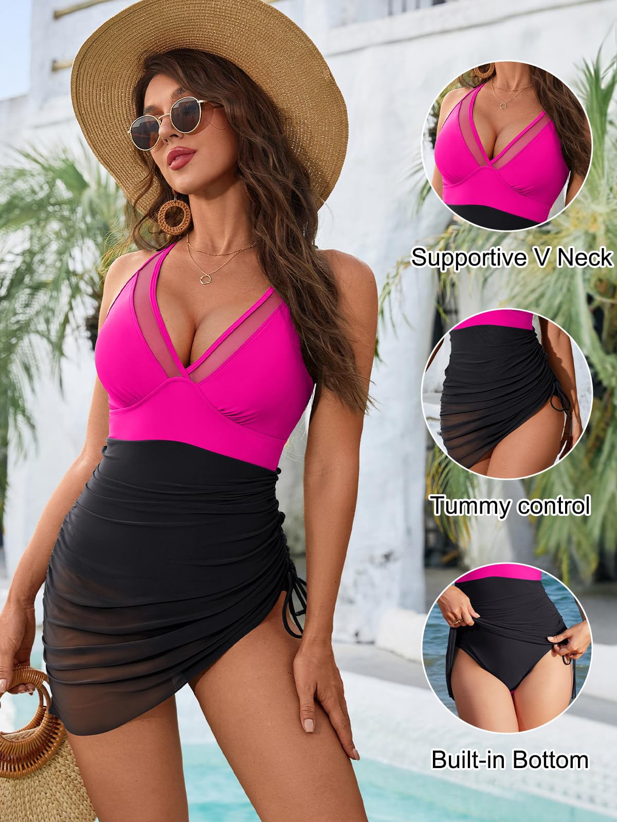 Blooming Jelly Women Modest One Piece Swim Dress Tummy Control Swimsuit