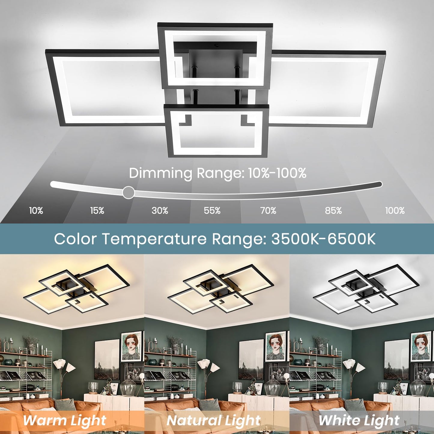 EIDISUNY Modern LED Ceiling Light, Square LED Flush Mount Ceiling Light, Dimmable Kitchen Light Fixtures with Remote&APP, Close to Ceiling Lighting Fixture for Dining Room Kitchen Living Room Bedroom