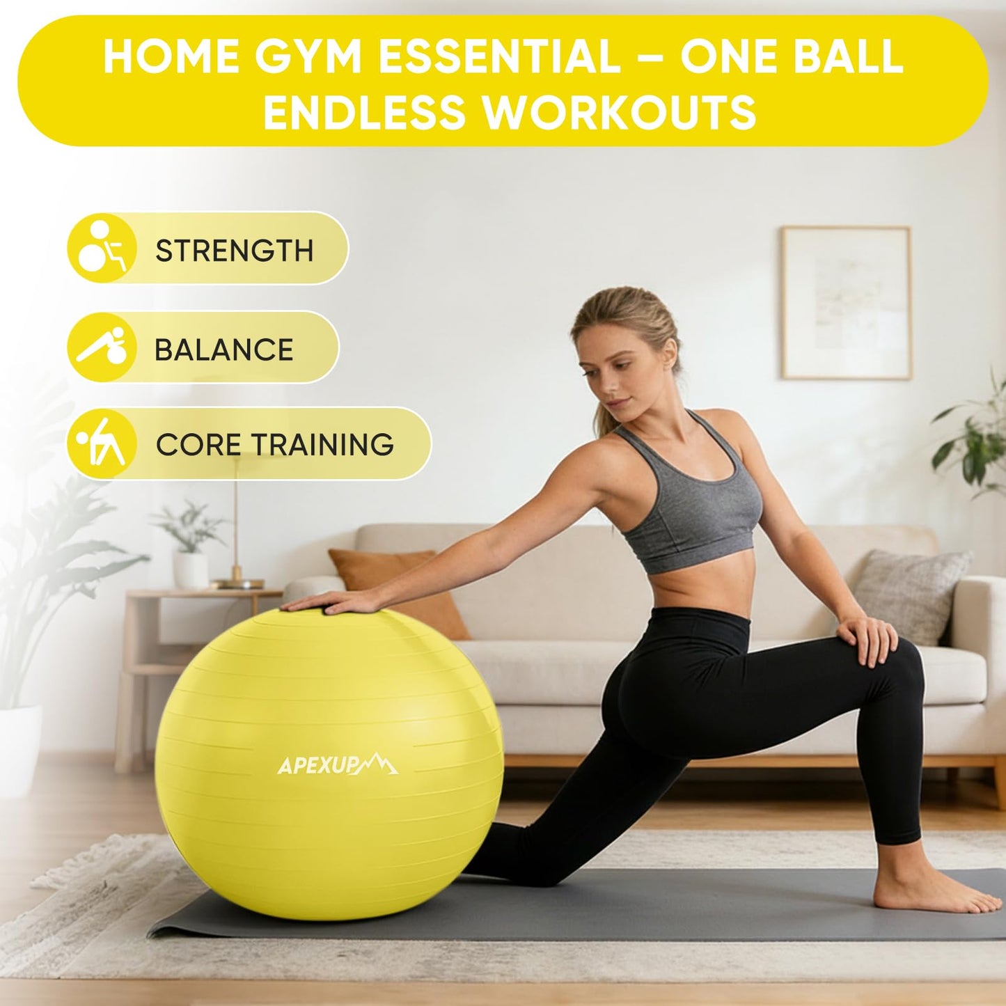 APEXUP Yoga Ball, 660 lbs Anti-Burst Exercise Ball with Pump, 5 Sizes (S (15"~18") 45cm, Yellow)