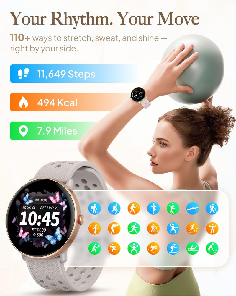 TitanSync Smart Watch for Women Men, for Android iOS with Sleep & Calorie Monitor, Pedometer Fitness Tracker, Bluetooth Call, IP68 Waterproof, 112+ Sport Modes Round Face Smartwatch (Gold-Gray)